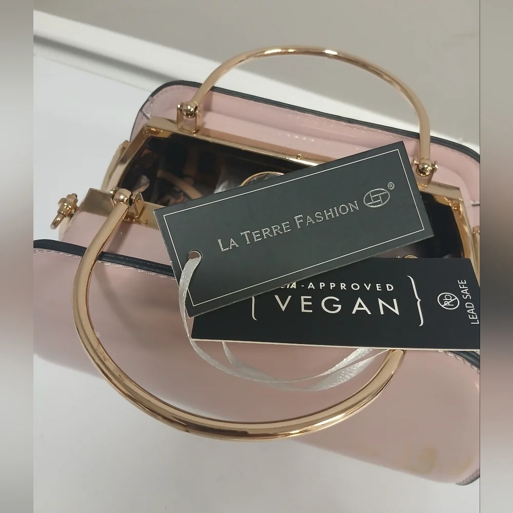 La Terre Fashion Blush Pink Patent & Gold Baguette Mini Bag Flawed New!